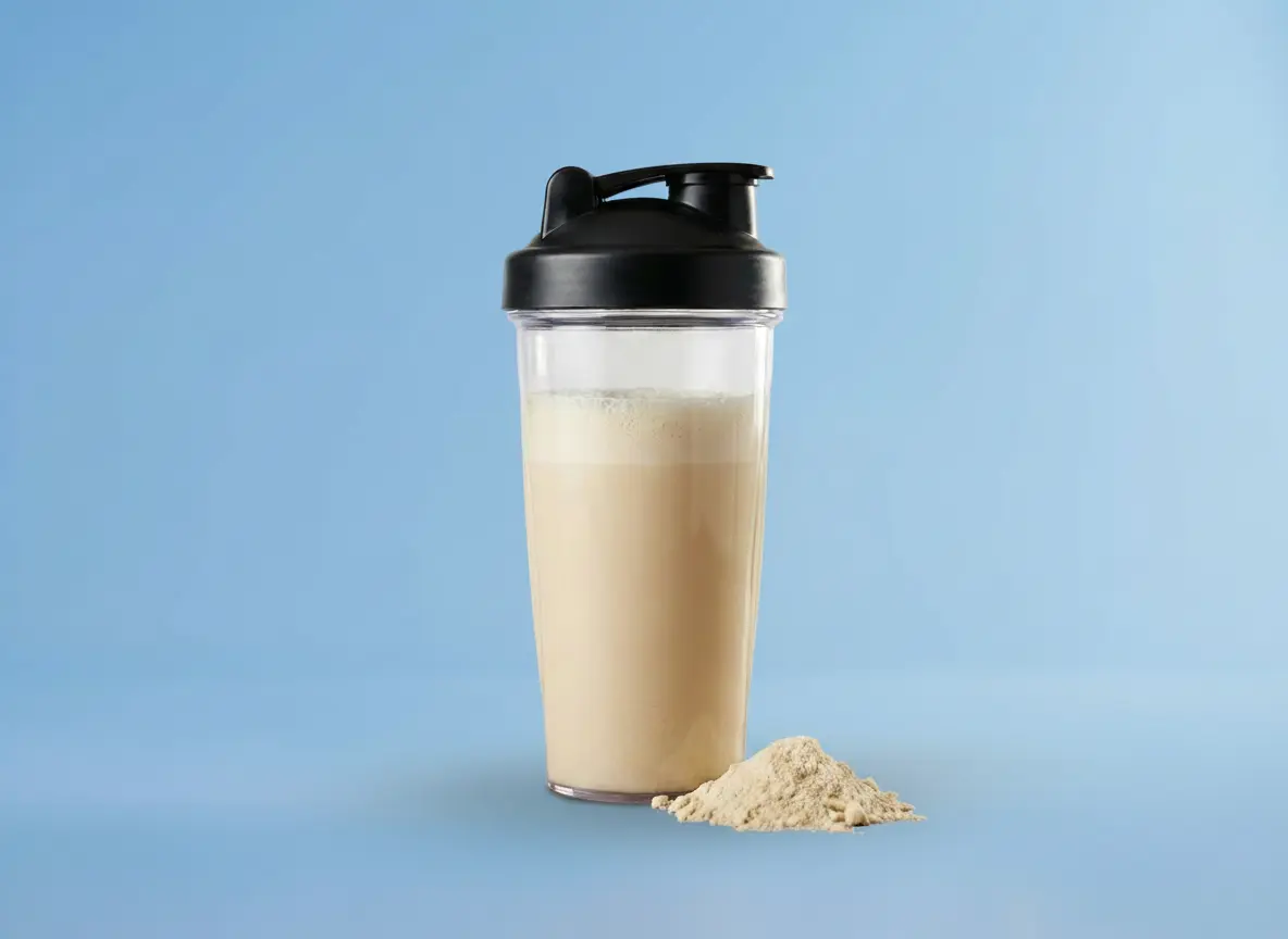 Bild von einem Shaker mit Complex Protein vor blauem Hintergrund.