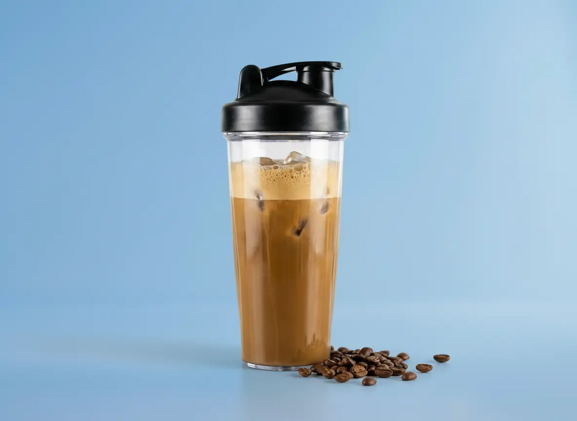 Bild von einem Shaker mit Proteinkaffee vor blauem Hintergrund.
