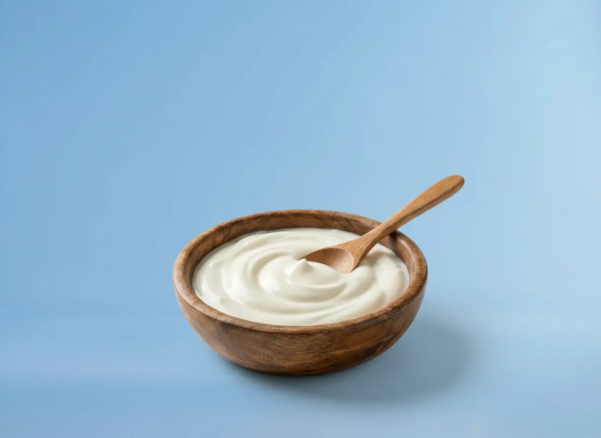Bild von einer Schüssel voller Sahneprotein vor blauem Hintergrund.