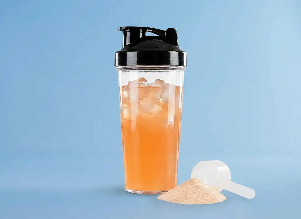 Bild von einem Shaker mit Clear Whey Protein vor blauem Hintergrund.