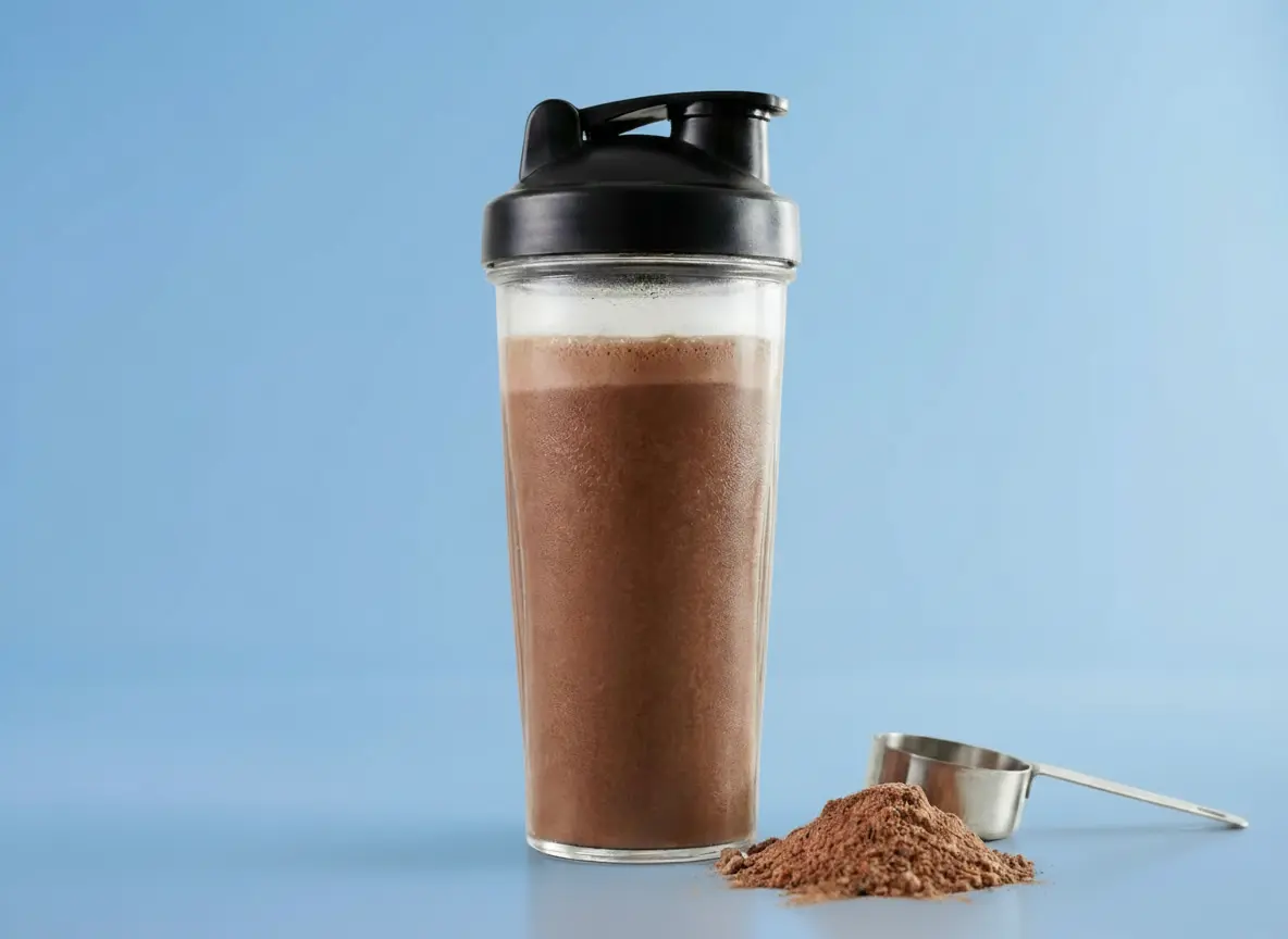 Bild von einem Shaker mit Proteinpulver vor blauem Hintergrund.
