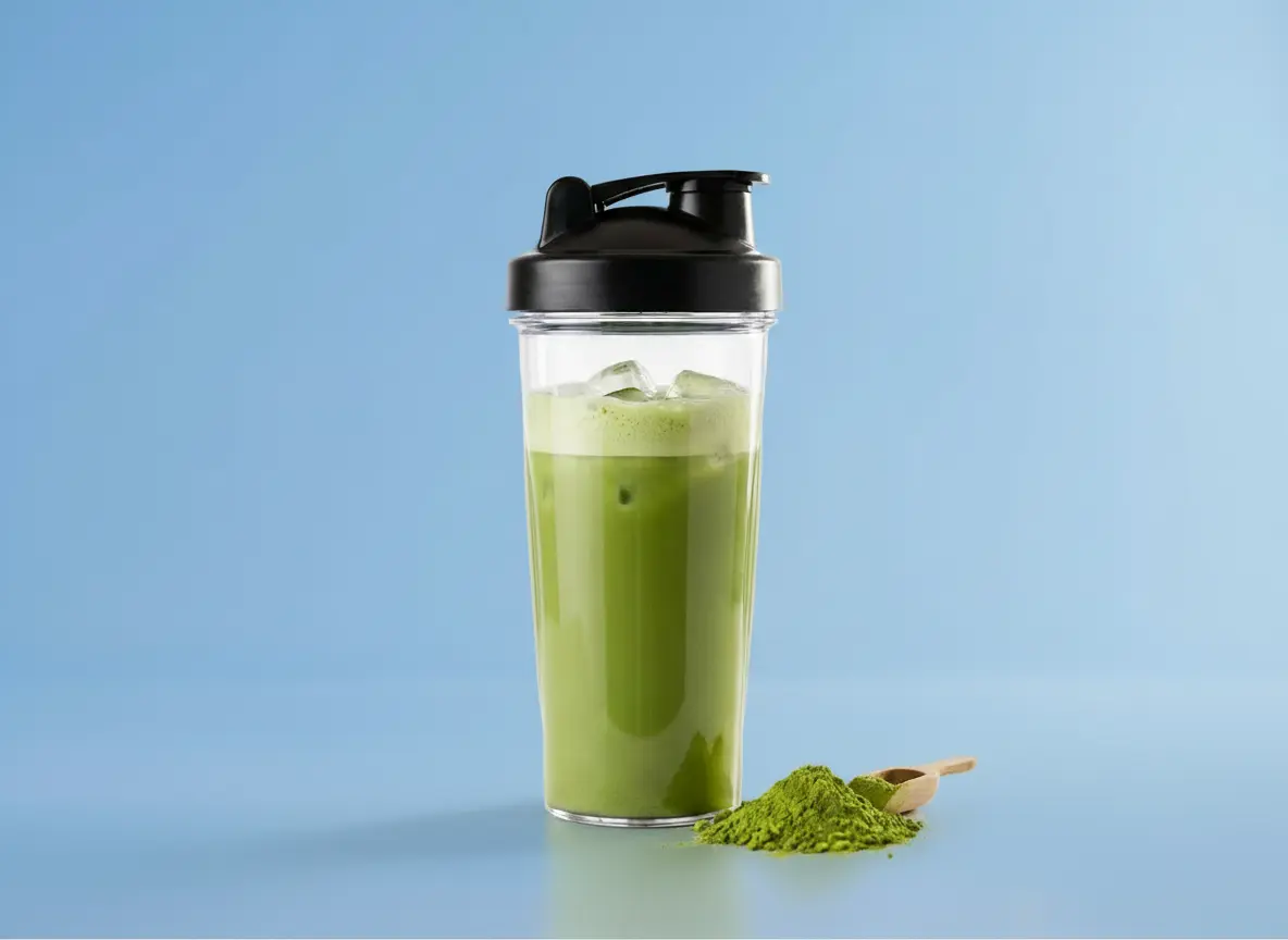 Bild von einem Shaker mit Protein-Matcha vor blauem Hintergrund.