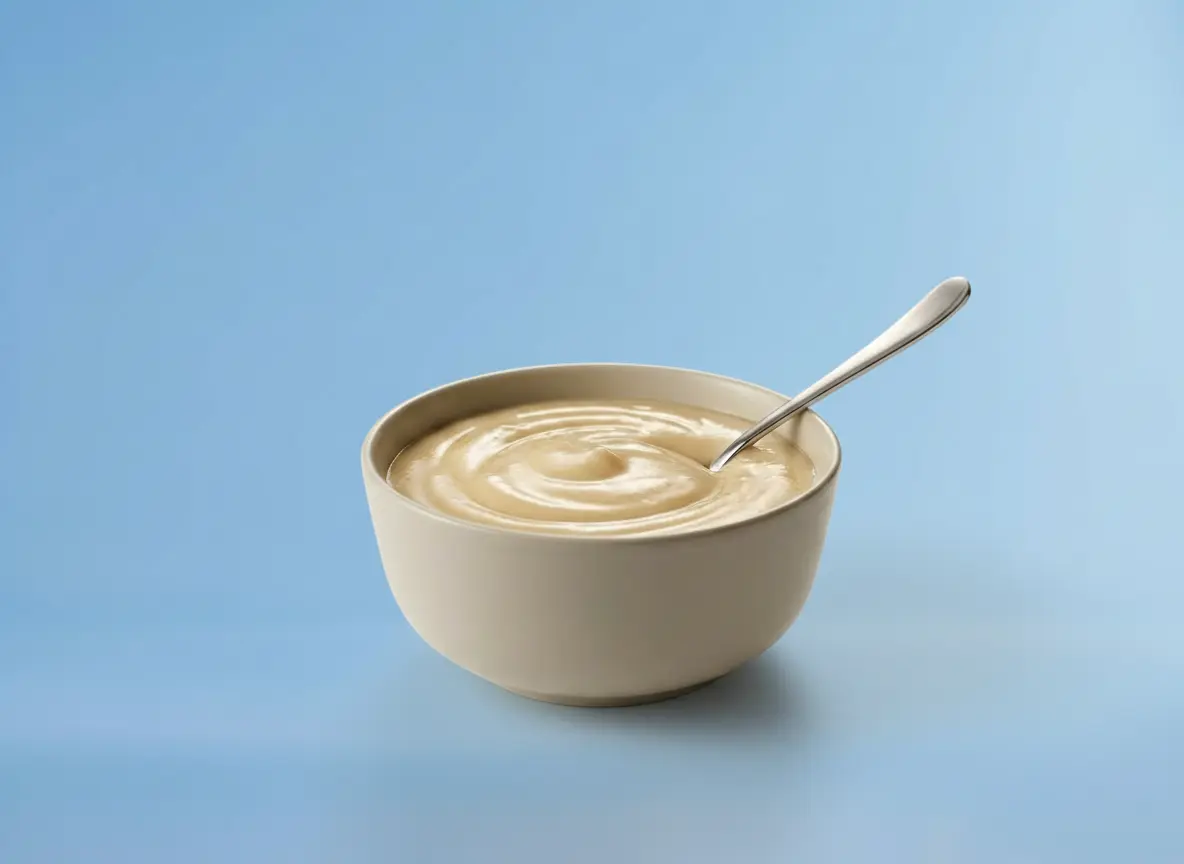 Bild von einer Schüssel voller Proteinpudding vor blauem Hintergrund.