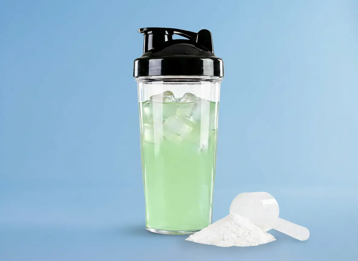 Bild von einem Shaker mit Clear Whey vor blauem Hintergrund.