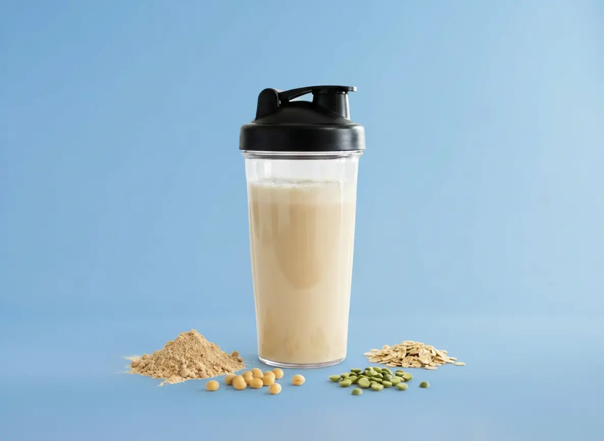 Bild von einem Shaker mit veganem Proteinpulver vor blauem Hintergrund.
