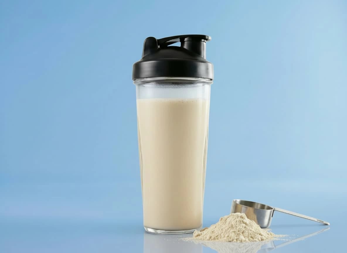 Bild von einem Shaker mit Casein Protein vor blauem Hintergrund.